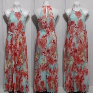 B. Darlin Halter Neck Floral Chiffon Pleated Maxi Dress US 5/6 Summer Chic Glam